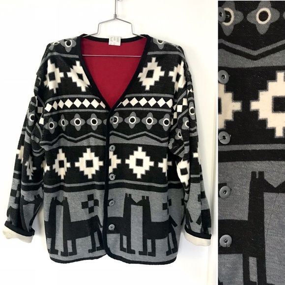 Vintage 1980’s Esprit southwestern grey black & white Aztec blanket coat jacket - Picture 1 of 12